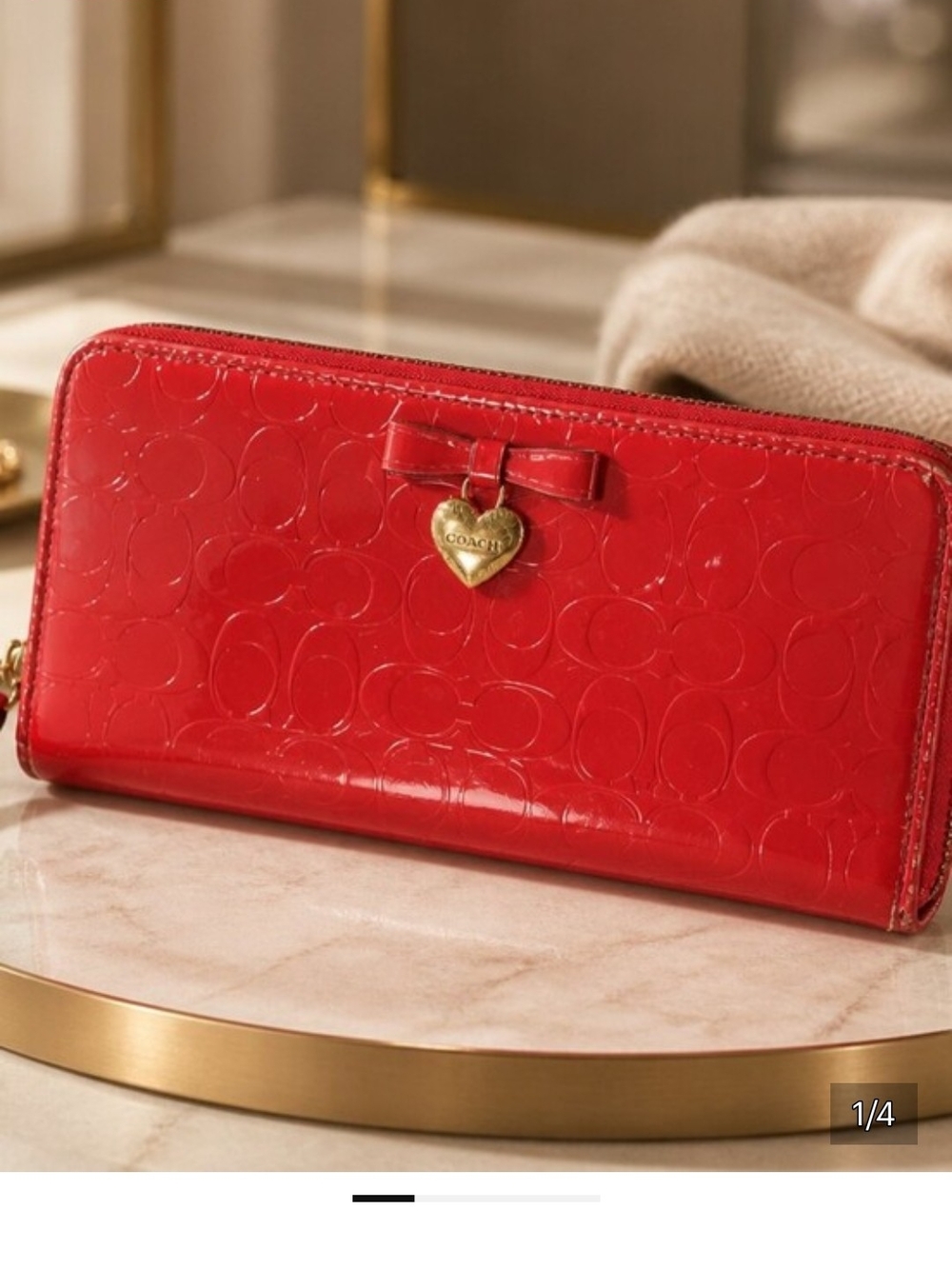 Coach Red Patent Leather Zip Wallet with Heart Charm
